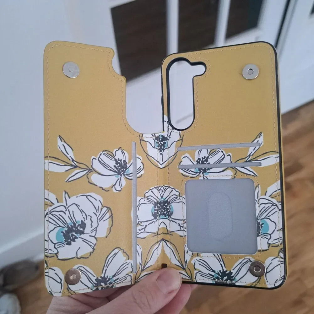 NEW Samsung Galaxy S23 Yellow Floral Folding Wallet Phone Case White Protector
